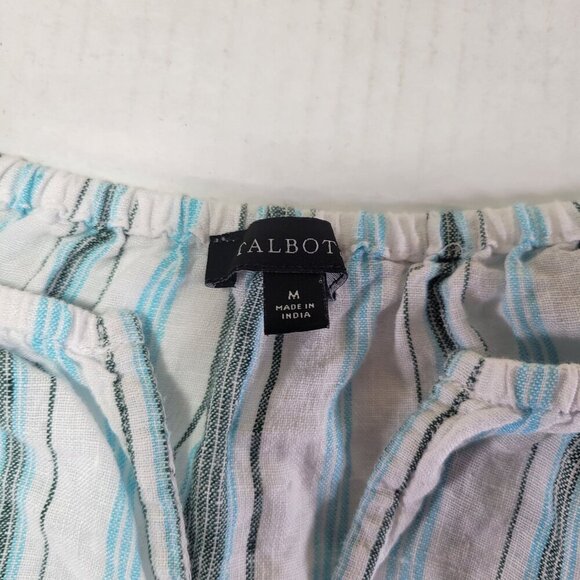 Talbots Women White & Blue Striped Casual Linen Short Puff Sleeve Blouse Size M - Picture 2 of 8